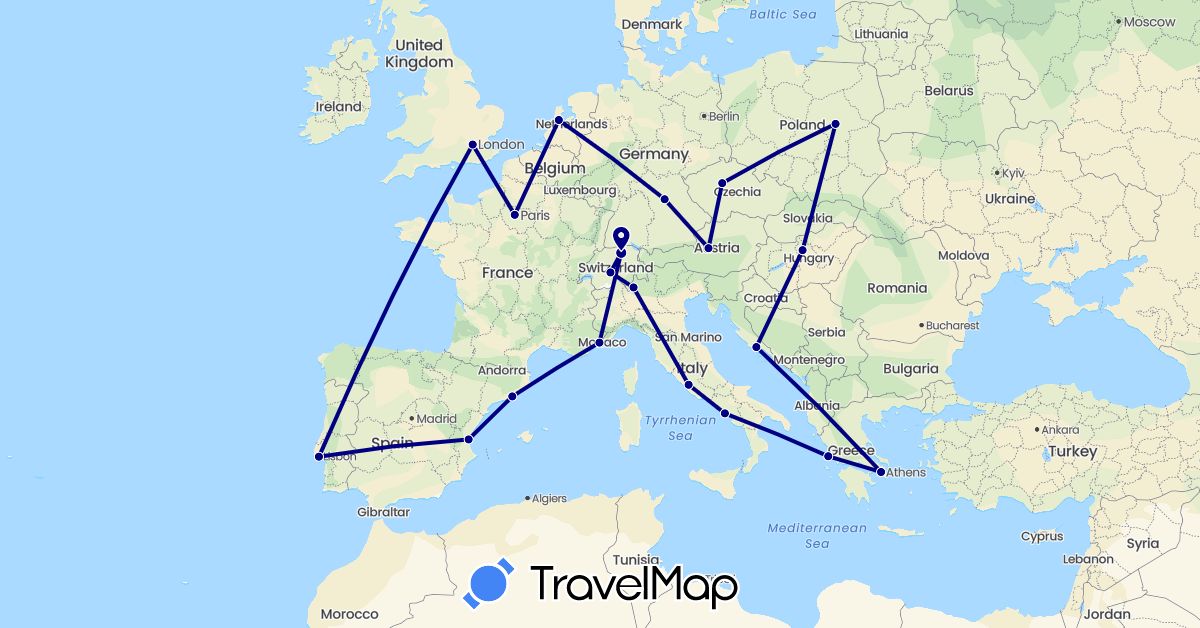 TravelMap itinerary: driving in Austria, Switzerland, Czech Republic, Germany, Spain, France, United Kingdom, Greece, Croatia, Hungary, Italy, Netherlands, Poland, Portugal (Europe)